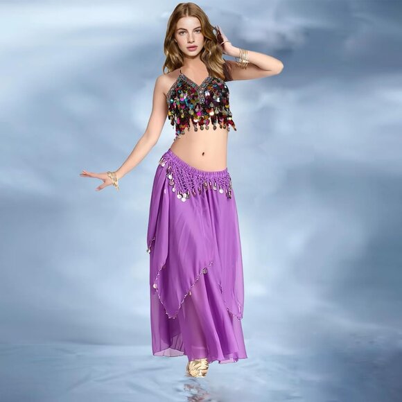 Women's White Imported Chiffon Belly Dance Costume Indian Dance Skirt with Coins - Picture 6 of 7